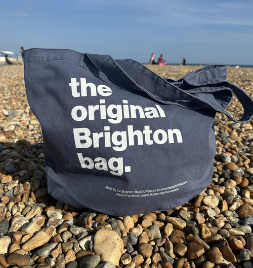 Denim blue Brighton bag - hanging on white